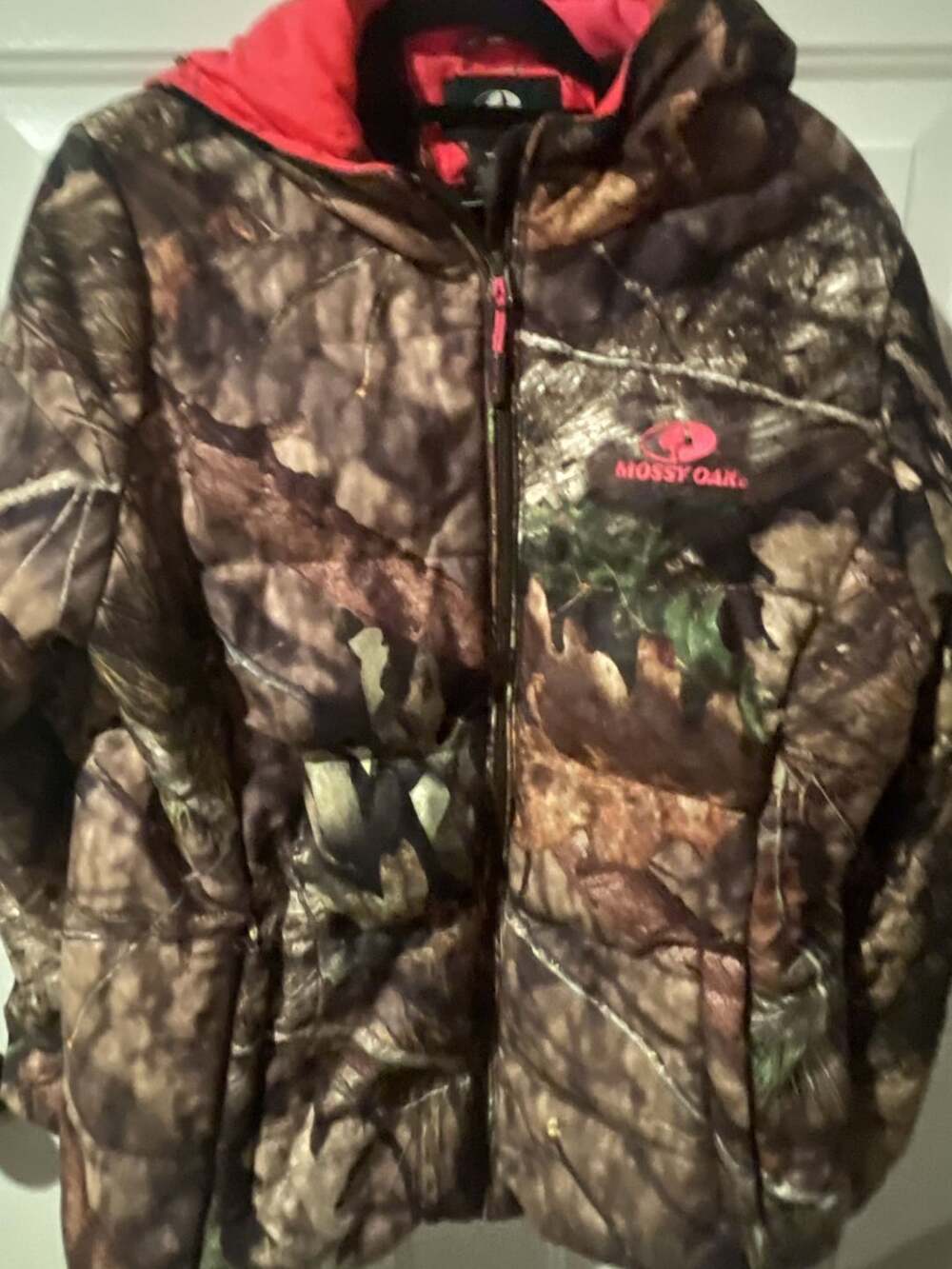 Mossy Oak Puffer Jacket Size L (12-14) Camo Hooded Pink Lining